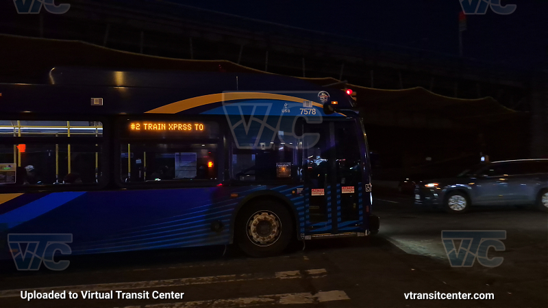 MTA New York City 7578 on the 2/5 shuttle 
Due to a destination sign code glitch, this bus showed the signage weirdly.
