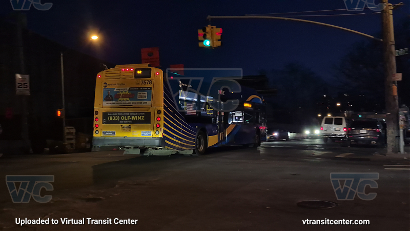 MTA New York City 7578 on the 2/5 shuttle 
Due to a destination sign code glitch, this bus showed the signage weirdly.
