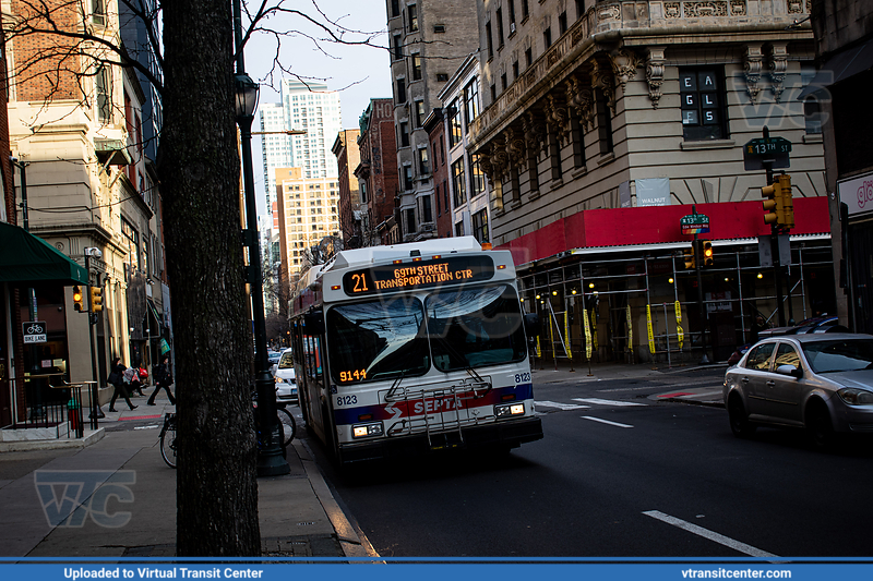 SEPTA 8123 on Route 21
On Walnut at 13th Street, bound for 69th Street TC 2/9/2023

