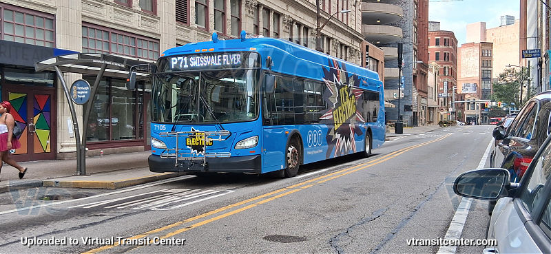 PRT Bus 7105 on the Swissvale Flyer along 6th Ave
7105, Electric Bus, seen along Sixth Avenue. 
