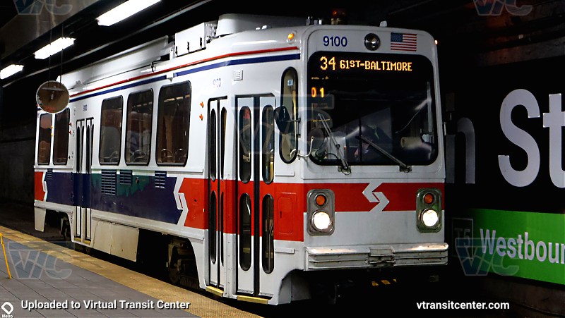 SEPTA 9000 Series Trolley Cars on Westbound T2 at 13th Street
Car 9100, wrapped in it's original 1981 paint scheme, pulls into 13th St on a Westbound T2 Car. 
