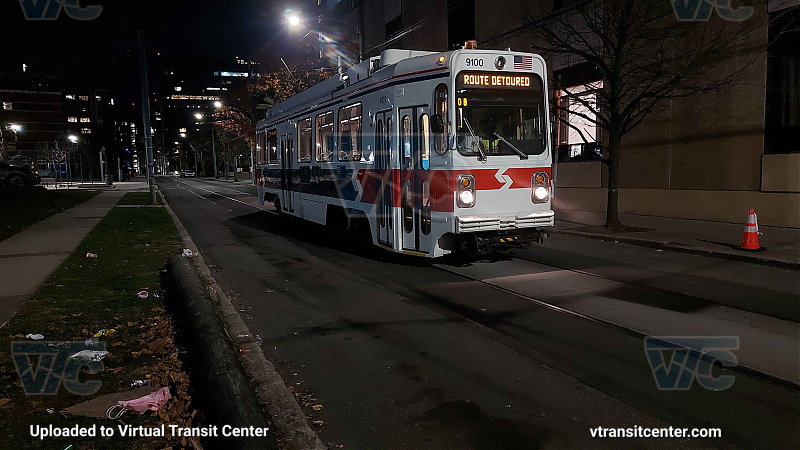 SEPTA Trolley K-Car 9100 on Route T4 
Taken Nov. 29th, 2025. Retro livery Trolley #9100 running on diversion laying over on Filbert Street.
