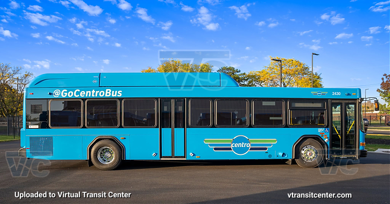 2430
2430-2493 are 2024 Gillig Low Floor CNG 40' (G27D102N4) buses.

2430-2493 were ordered to replace Centro's order of 2012 OBI Orion VII EPA10 CNG buses (1200-1255) as well as a variety of other second-hand 40' Orion buses purchased in 2012 (1267-1271). This order represents the first bus series delivered in Centro's 2024 all-blue paint scheme.
