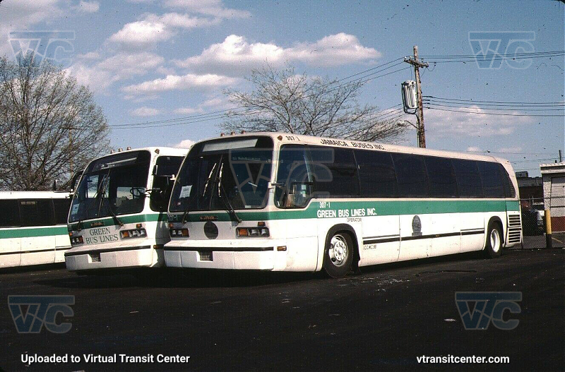 Green Lines 307-1 (ex-Jamaica Buses Inc 307)
Green Lines 307-1 and other buses at the Green Lines JFK Garage in 1988. This bus was borrowed from Jamaica Buses Inc and ran at Green Lines until the mid 1990s. Photographer unknown. 
Keywords: green lines;rts;gmc;rts03