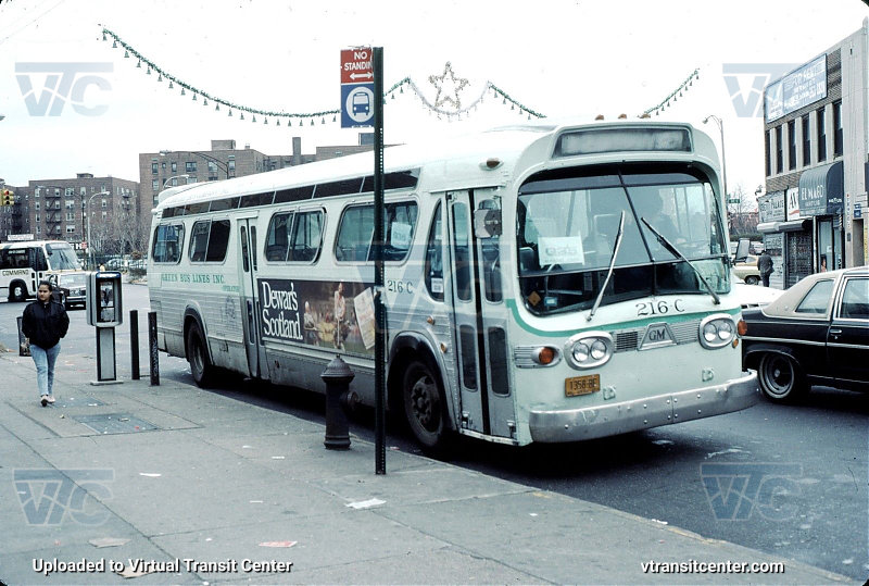 Green Lines 216-C (ex-Green Lines 1216, exx-Command Bus Company 216, exxx-Yonkers Transit 234) 
Green Lines 216-C working route Q35. This was initially borrowed from Commsnd Bus Company in 1985 as 1216 but reborrowed in 1988 as 216-C. Photographer unknown. 
Keywords: green lines;new look;fishbowl;gmc