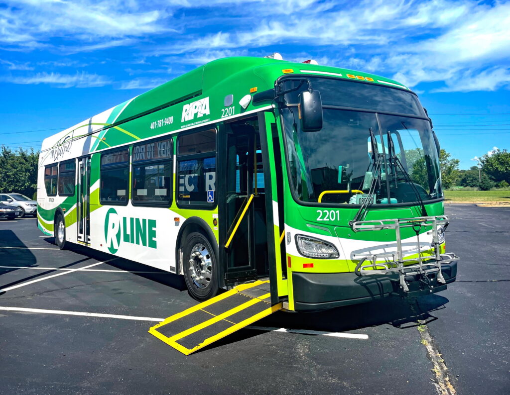 RIPTA 2022 New Flyer XE40 on route display at the NEPTA Expo - Courtesy of RIPTA's Twitter Page