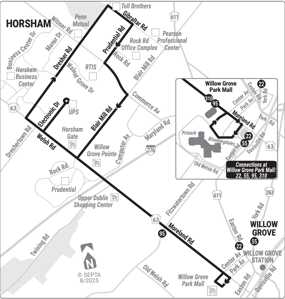 SEPTA Route 310 Horsham Loop Map, August 2025