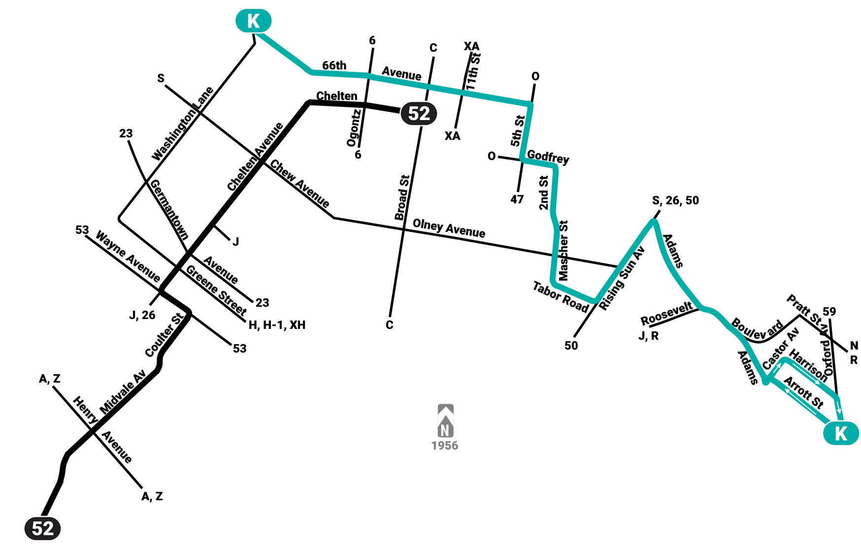 PTC Routes K and 52 Map (unofficial, by DashTransit)