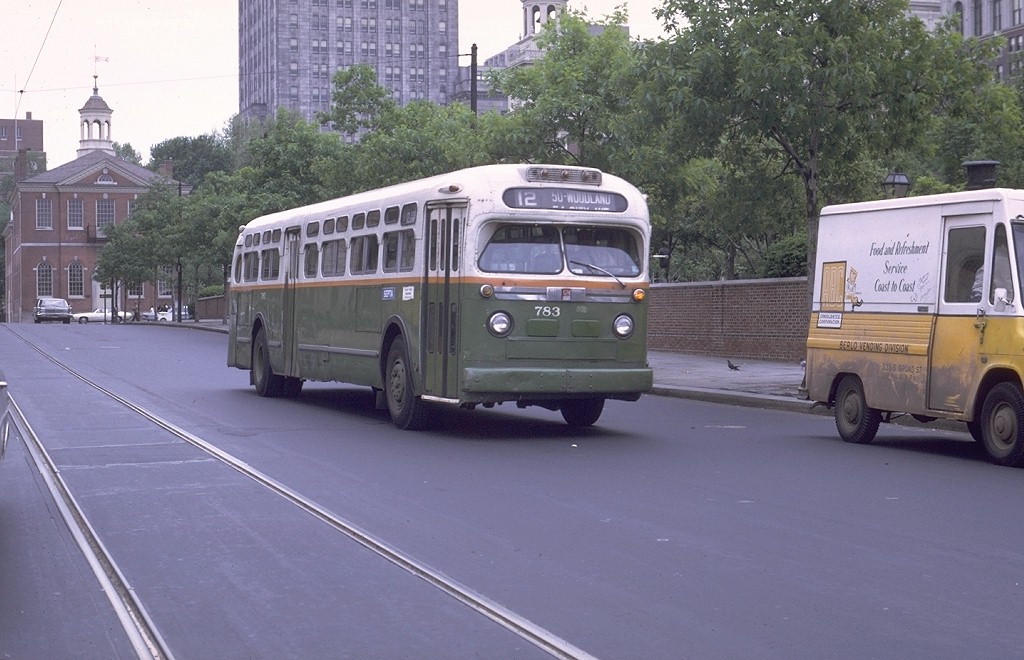 SEPTA #783 working route 12 at 5th & Market Streets. Photograph taken May 16, 1970 by Joe Testagrose.