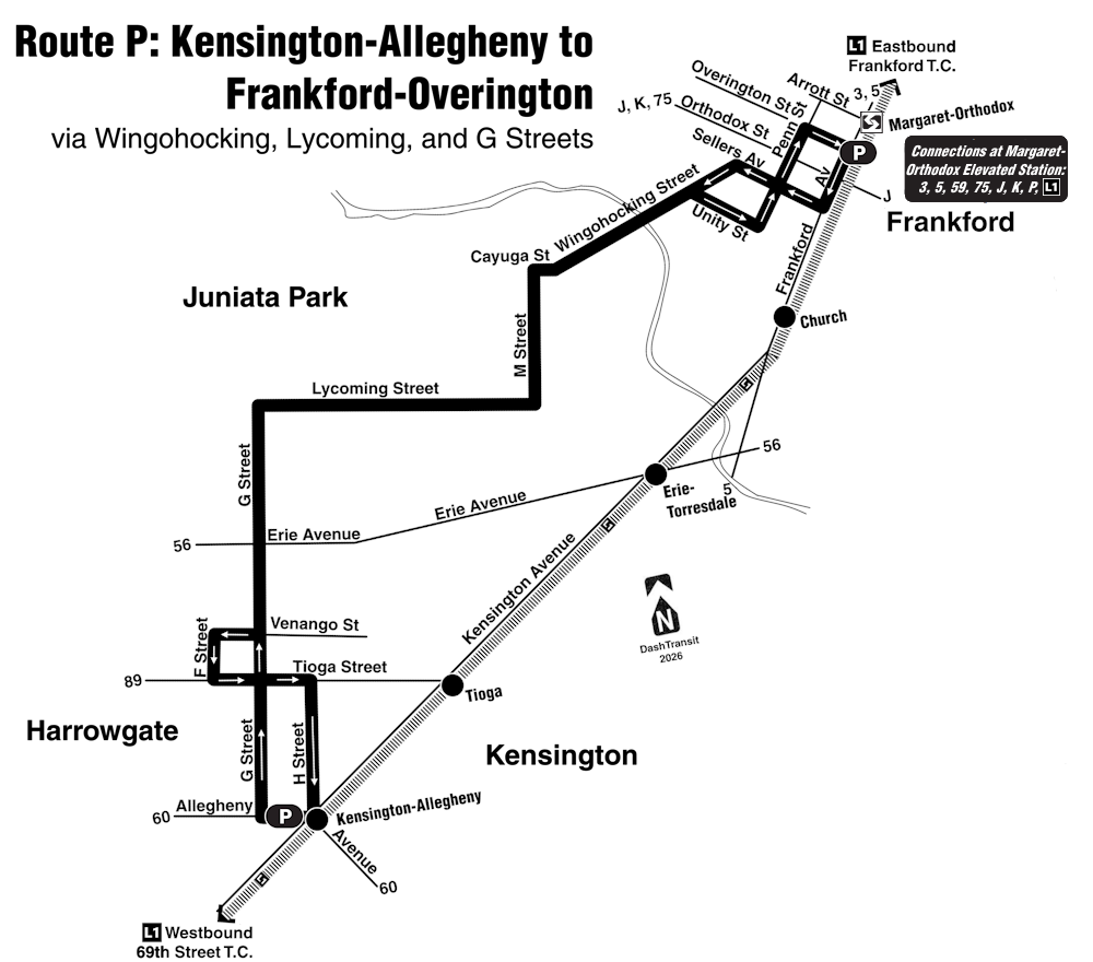SEPTA/PTC Route P Map, 1993 by DashTransit