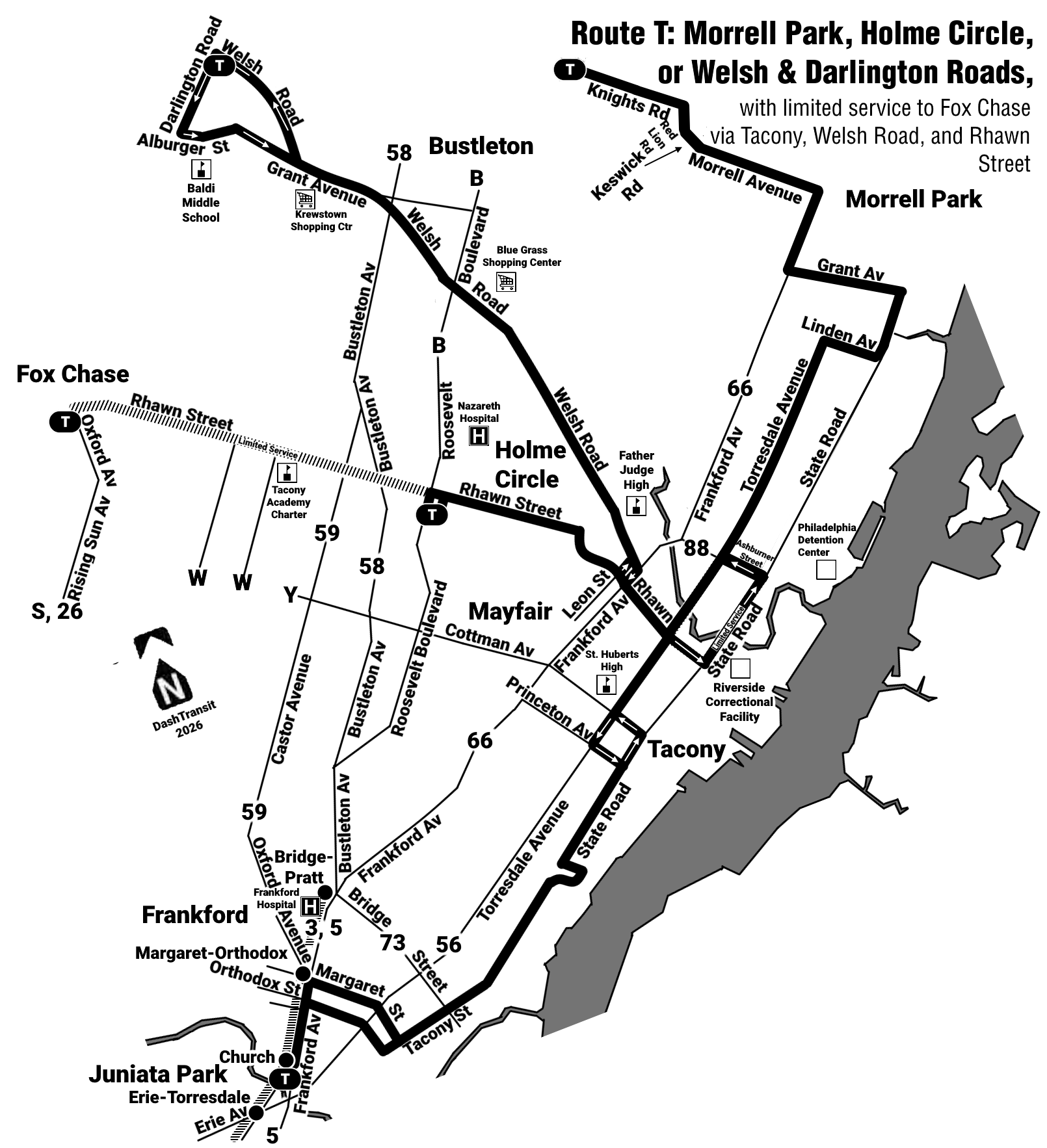 SEPTA Route T Bus, 1974 Map, unofficial by DashTransit